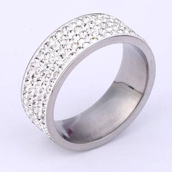 3/$35 Silver Stainless Steel Cubic Zirconia Band Ring Crystal Statement Jewelry - Picture 4 of 4